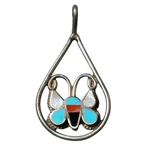 Zuni Sterling Silver Butterfly Inlay Teardrop Pendant Signed Turquoise Coral